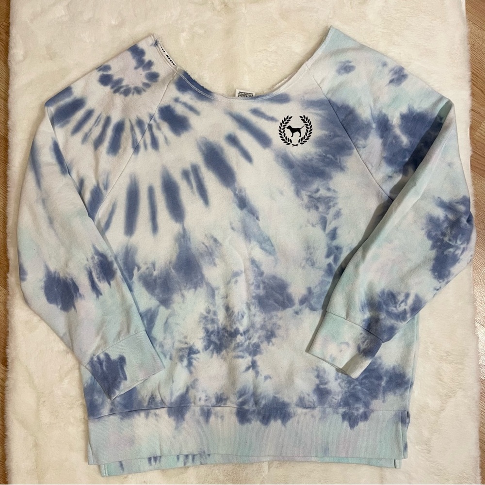 VS PINK Tie Dye Pullover Sweatshirt Blue White Size Medium Oversized
